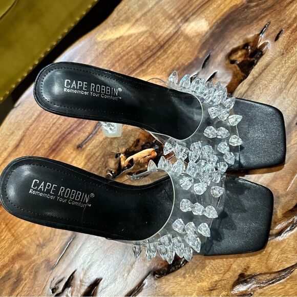 Cape Robbin Crystalline Black Icy Clear Stud Open Toe High Heel Mule Sandals - Picture 4 of 13